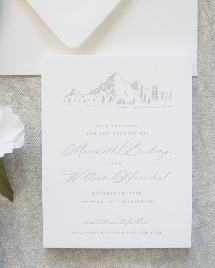 Printed in matte silver letterpress on thick, crisp white cotton paper, it allows the refined typography to take center stage with generous white space that feels modern yet timeless. The illustrations shown make it the perfect mountain wedding invitation, but all the elements are interchangeable! You can also upgrade to a custom sketch of your wedding location. Mountain Save The Date, Elegant Mountain Wedding, Film Website, Mountain Wedding Invitation, Letterpress Invitation Suite, Mountain Wedding Invitations, Wedding In The Mountains, Disco Wedding, Letterpress Invitations