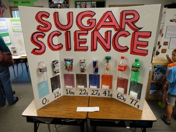 a sign that says sugar science on it in front of some kids standing around and looking at them