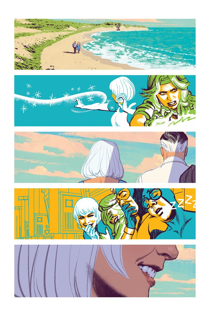 an image of two people on the beach with different colors and shapes in each panel