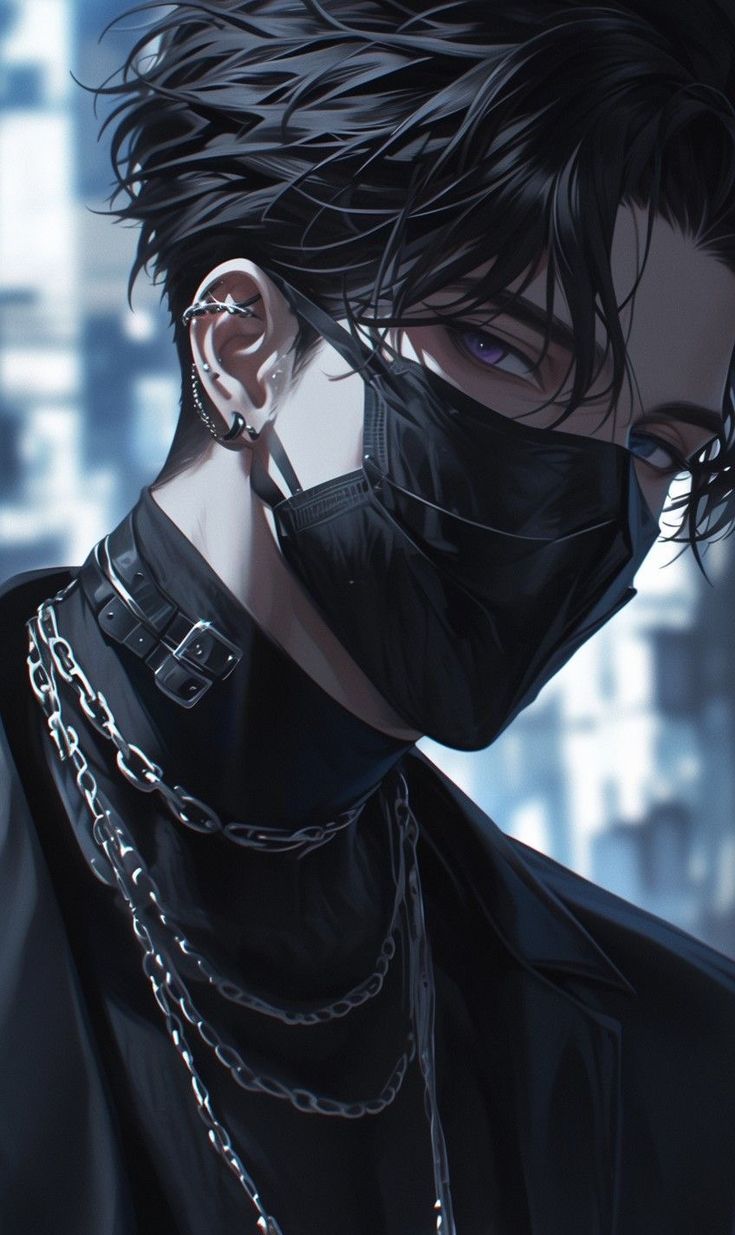 a man with black hair wearing a face mask and chain around his neck, in front of a cityscape