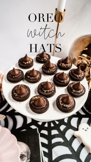 a plate with chocolate covered cookies on it and the words oreo witch hats above it