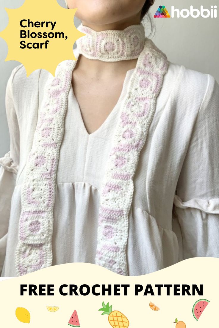 a woman wearing a crochet scarf with the words free crochet pattern on it