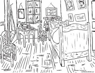 a drawing of a bedroom with pictures on the wall and furniture in black and white