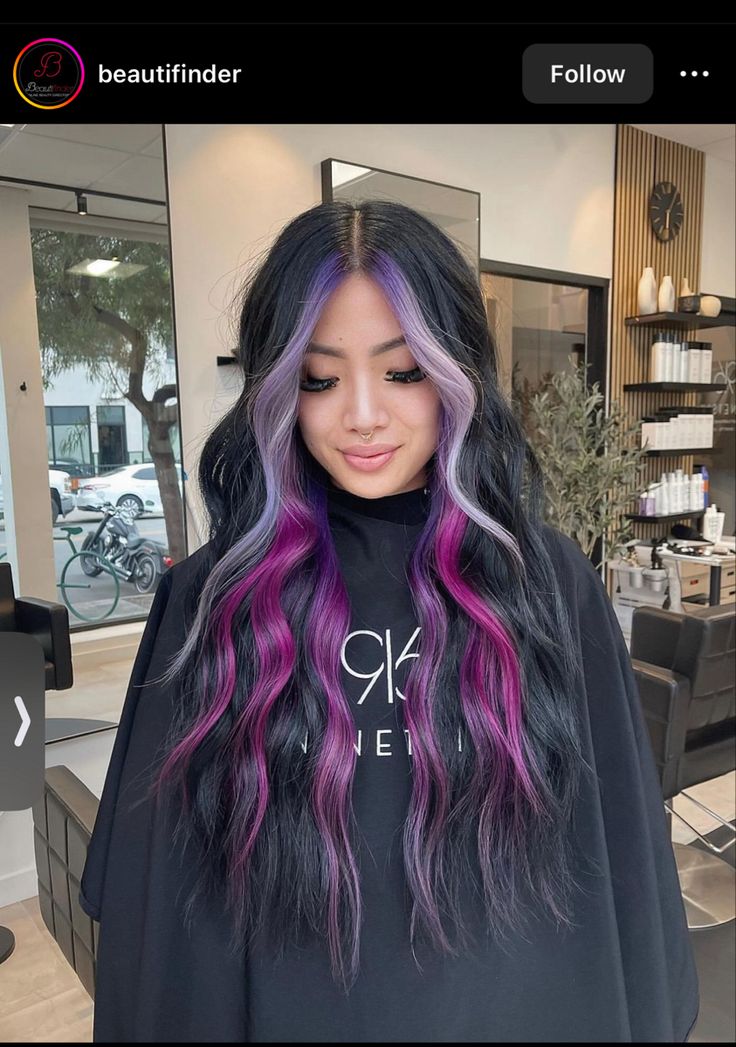 Colors For Black Hair, Hair Colors For Black Hair, Black And Purple Hair, Hair Color Underneath, Vivid Hair Color, Cute Hair Colors, Dyed Hair Inspiration, Lavender Hair, Halo Hair