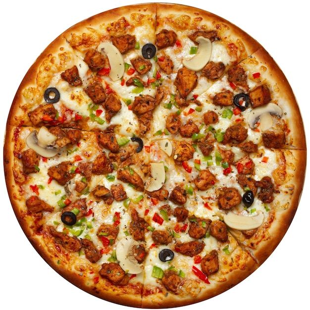 a pizza with various toppings and meat on it's crust, cut into eight slices