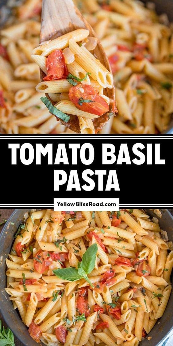 a spoon full of pasta with tomatoes and basil