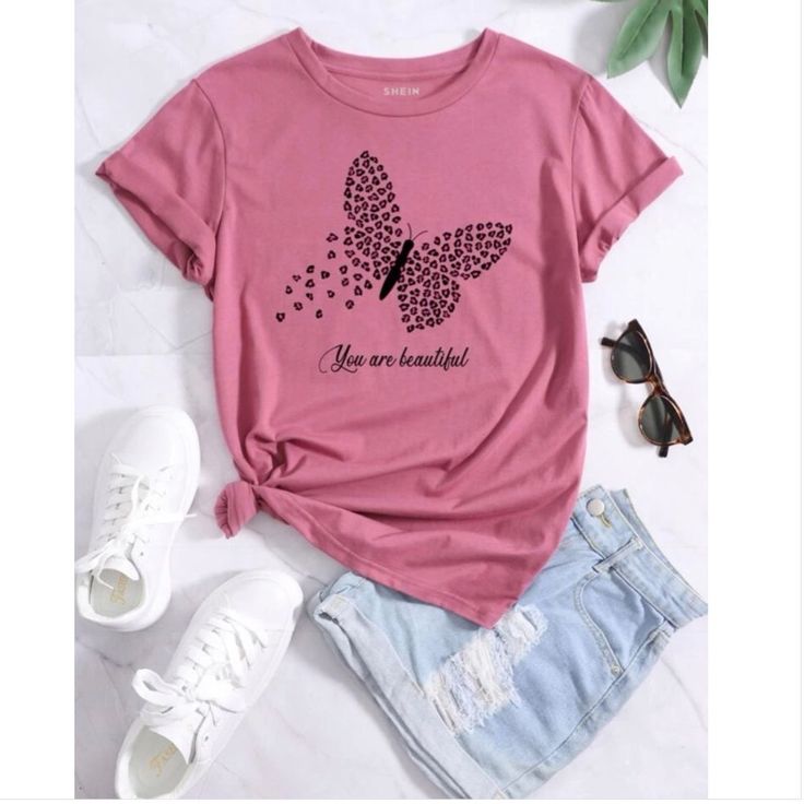 Absolutely Beautiful Dusty Pink Tee With Black And Pink Butterfly Design And You Are Beautiful Slogan. Short Sleeves And Round Neck Collar. 65% Cotton And 35% Polyester. Look Stunning In This All Day Long. S (4) M (6) L (8/10) Xl (12) Ladies T Shirt Print Design, Fall Wedding Outfits, Printed Tee Women, Ladies Tshirt, Wedding Outfits For Women, T-shirt Print Design, Dress Code Casual, T Shirt Painting, Shirt Print Design