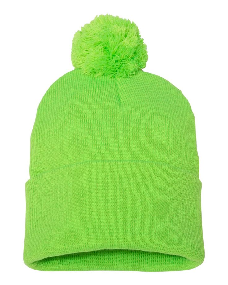 Pom-Pom 12" Knit Beanie - NEON GREEN - ONE SIZE | Sportsman Pom-Pom 12" Knit Beanie Hat in Neon Green | Acrylic Beanie With Pom Pom, Green Beanie, Beanie With Pom, Embroidered Monogram, Winter Cap, Men's Hats, Men Hats, Winter Hats Beanie, Winter Beanie