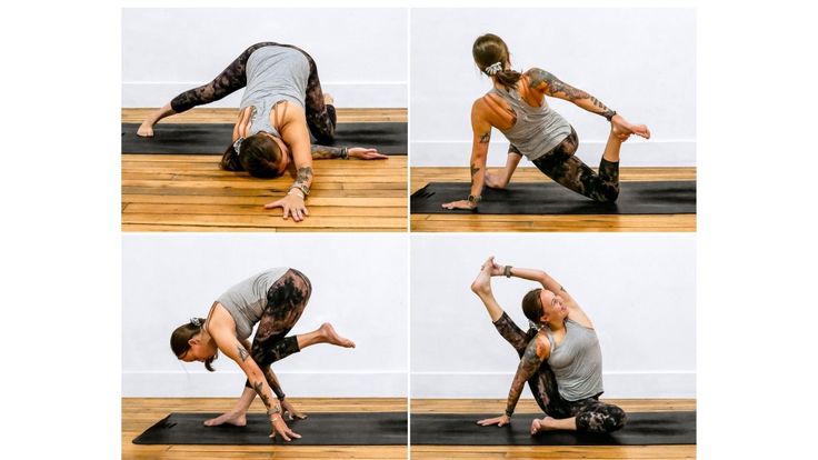 a man and woman doing yoga poses on their stomachs, arms and legs in different positions