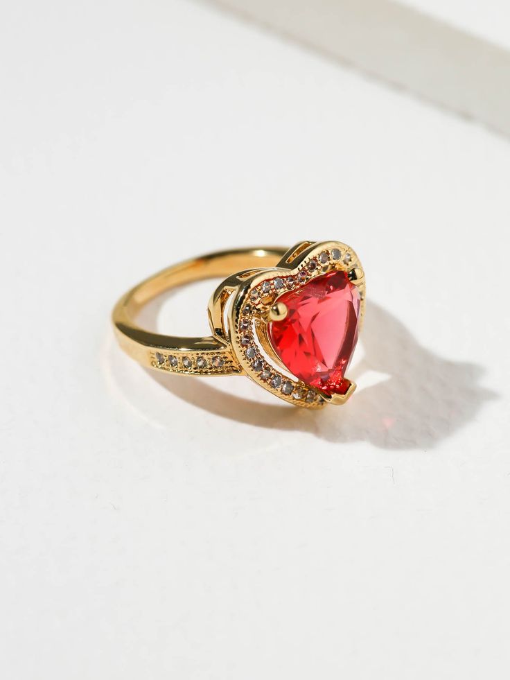 The Cherry Heart Ring | Vanessa Mooney | Color Ruby Rings size Size 4 Yellow Gold Jeweled Rings As Gifts, Gold Plated Gemstone Jewelry For Valentine's Day, Yellow Gold Rings With Jewels For Gift, Gold Plated Heart Ring For Gift, Valentine's Day Gold Plated Gemstone Jewelry, Gold Cubic Zirconia Crystal Ring For Valentine's Day, Gold Plated Round Heart Ring As Gift, Valentine's Day Gold Jewelry With Gemstones, Valentine's Day Yellow Gold Ruby Jewelry