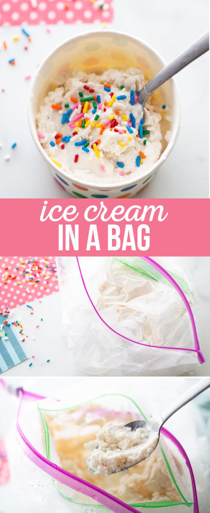 an ice cream in a bag with sprinkles on top and the words ice cream in a bag above it