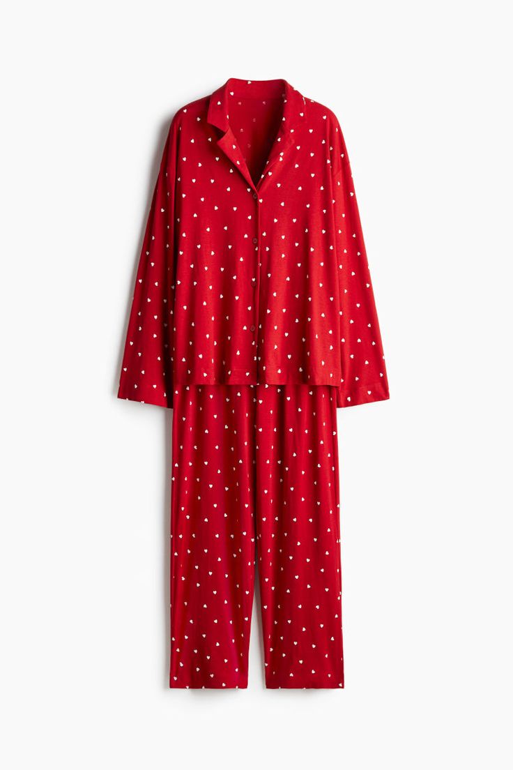 Pajama shirt and pants in patterned cotton jersey. Shirt with a resort collar  buttons at front  dropped shoulders  and long sleeves. Pants with covered elastic at waistband and straight legs. Family Pajama Sets, Cotton Plant, Christmas Pajama Set, Christmas Pjs, Pattern Shirt, Holiday Pajamas, Women Nightwear, Family Pajamas, Red Hearts