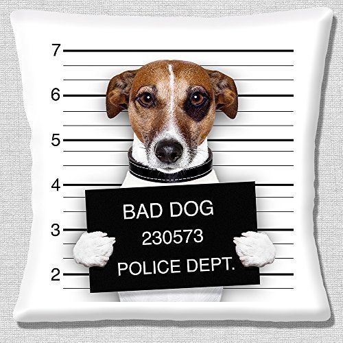 a mug shot of a dog holding a sign that says bad dog 20573 police dept