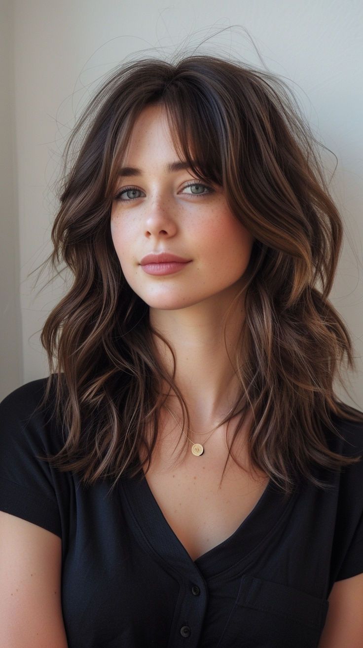 Layered Hair With Bangs, Wavy Haircuts, Haircuts For Wavy Hair, Midlength Haircuts, Chic Hairstyles, Mid Length Hair, Long Layered Hair, Medium Hair Cuts, Shoulder Length Hair