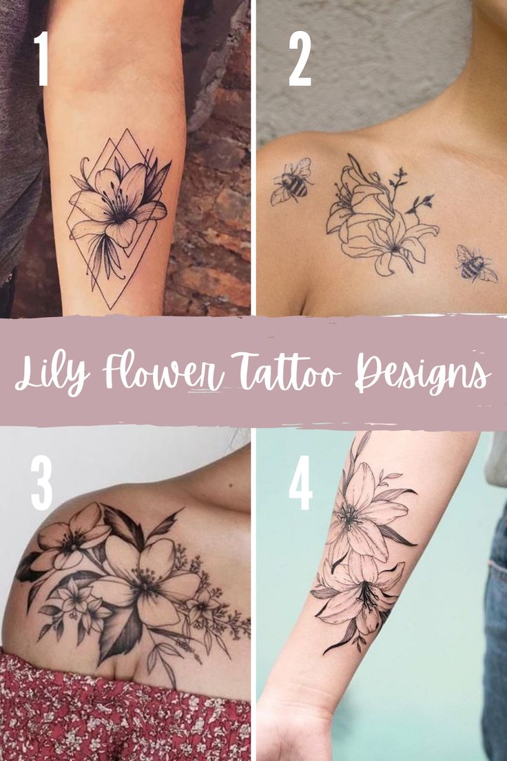 four different tattoos with flowers on their arm and shoulder, all in black and white