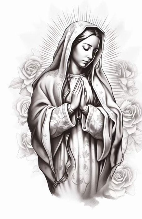 a black and white drawing of the virgin mary with roses around her chest, in front of