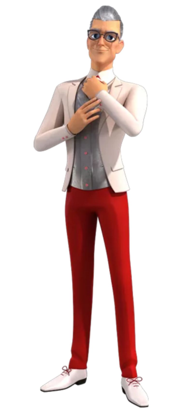 an animated man in red pants and a white shirt is standing with his arms crossed