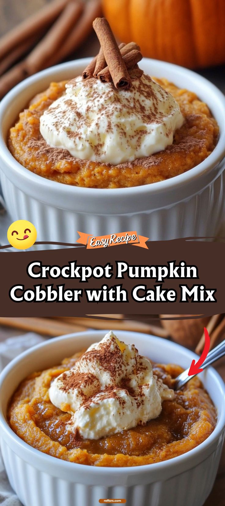 two bowls filled with pumpkin cobbler cake mix and topped with whipped cream on top