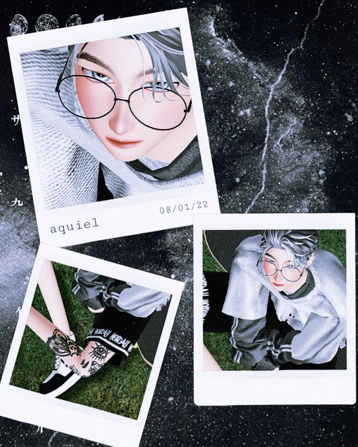 three polaroid photos of people wearing glasses