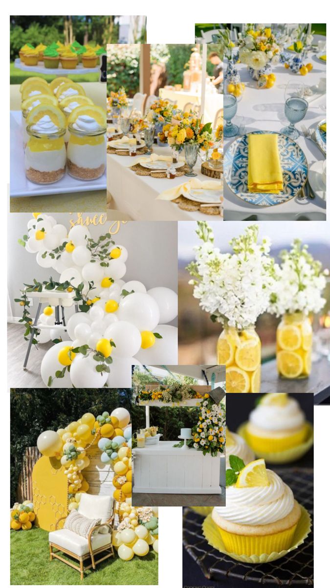 a collage of yellow and white wedding decor with lemons, cupcakes, flowers