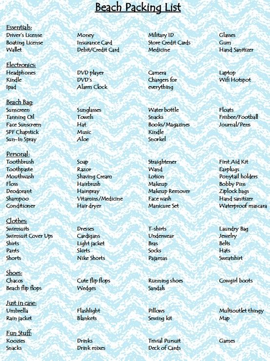 the beach packing list is shown in blue and white