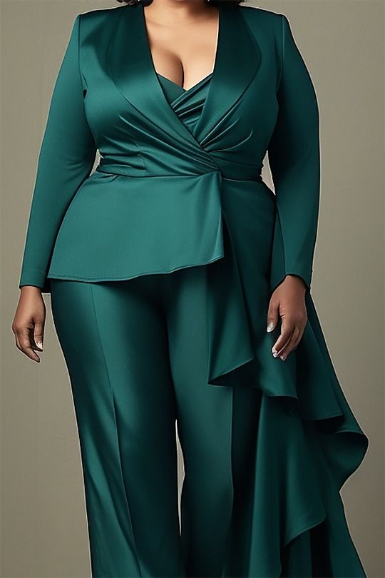 Plus Size Stylish Matching Sets for Women | Xpluswear Elegant Pant Suits Wedding Classy, Mother Of The Bride Pants Outfit, Wedding Guest Pants, Green Outfits For Women, Plus Size Outfits Casual, Mother Of The Bride Suits, Bride Elegant, Bride Suit, Purple Wrap