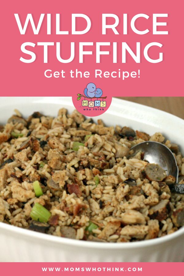 wild rice stuffing in a white bowl with text overlay reading wild rice stuffing get the recipe