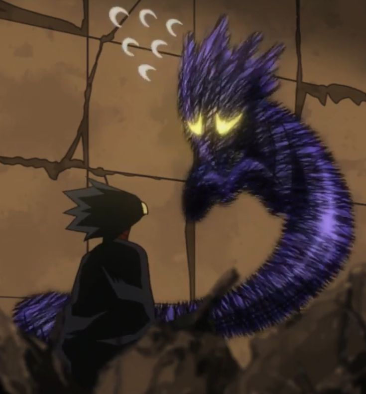 an animated image of a man looking at a dragon with glowing yellow eyes and tail