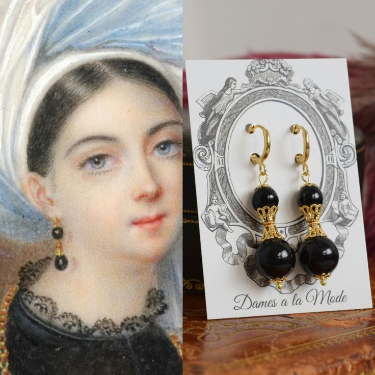 "These earrings are based off of this early 19th Century portrait I came across in my research.  Unfortunately I haven't been able to find any details about it, but it's probably from the 1820s-1830s.  Her lovely, bold black and gold earrings are so striking! My version is made with black glass beads and rich gold-plated filigree elements.  They have lots of fun dangle and movement! These measure about 2\" long, including the clasp.  Shown here on hoop findings, but also available as a leverback Victorian Baroque Earrings, Victorian Earrings For Evening, Vintage Black Earrings For Wedding, Antique Black Drop Earrings, Antique Black Earrings For Formal Occasions, Victorian Black Earrings For Evening, Antique Black Earrings For Gift, Antique Style Black Earrings For Gift, Black Antique Drop Earrings