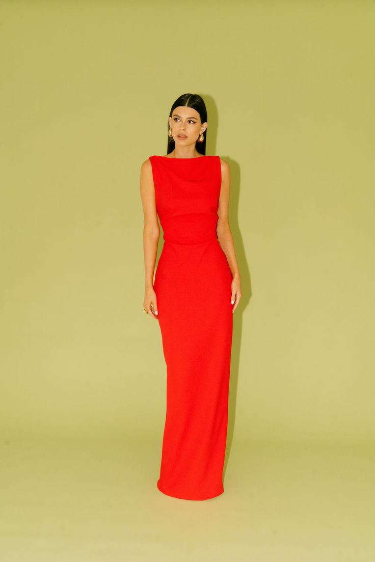 Verona Gown | Cherry Red Chic Floor-length Maxi Dress For Red Carpet, Elegant Red Carpet Dress With Back Opening, Chic Maxi Length Evening Dress For Red Carpet, Fitted Dress With Back Opening For Red Carpet, Chic Fitted Red Carpet Gown, Chic Fitted Gown For Red Carpet, Chic Fitted Maxi Dress For Red Carpet, Chic Maxi Dress For Red Carpet, Red Carpet Maxi Dress With Fitted Bodice