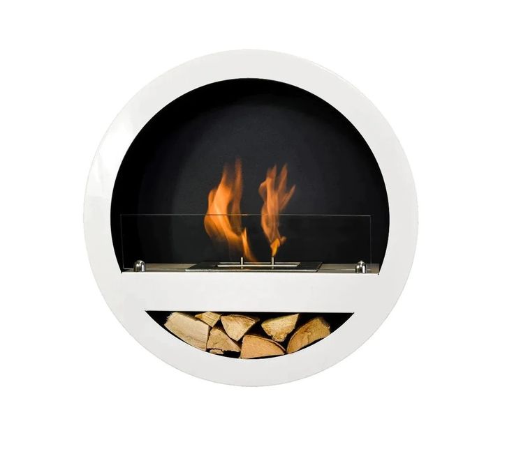 a white circular fire pit with flames in the center and wood logs on either side