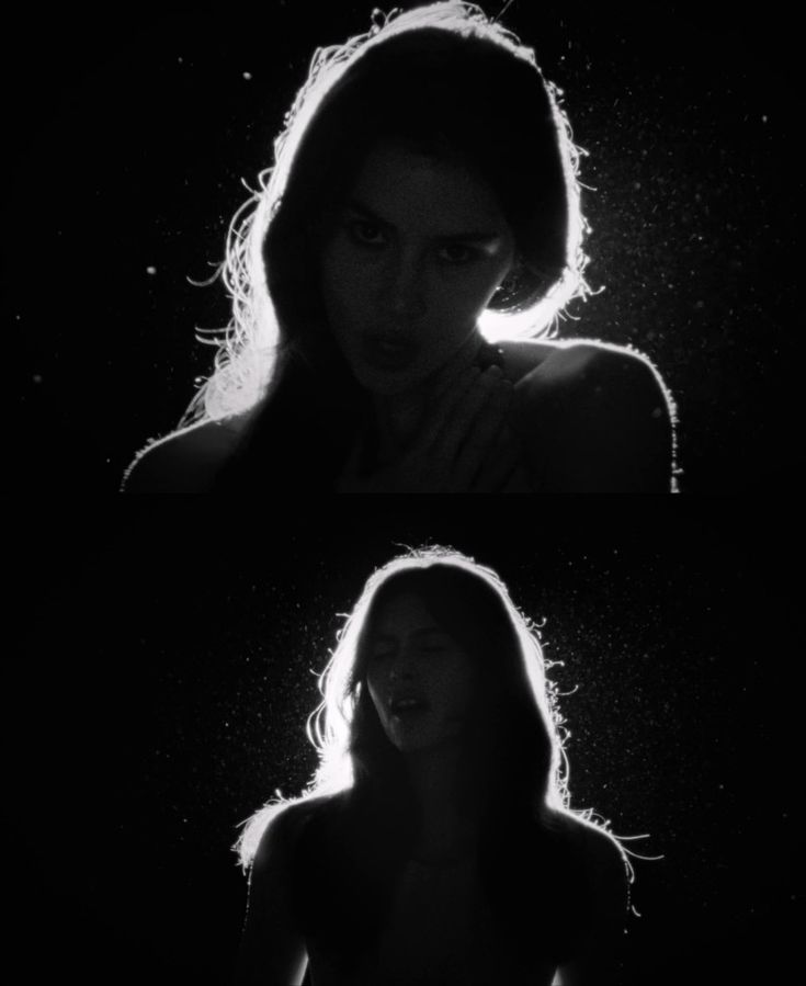 two images of a woman in the dark with light shining on her face and hair