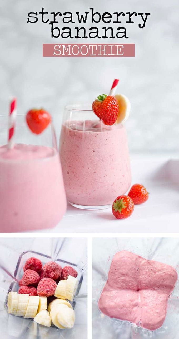 strawberry banana smoothie in a glass with strawberries and bananas