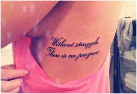 a woman with a tattoo on her back saying, without struggle there is no progress