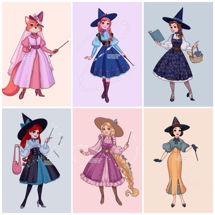 four different pictures of women dressed as witches and wizard's in their respective outfits