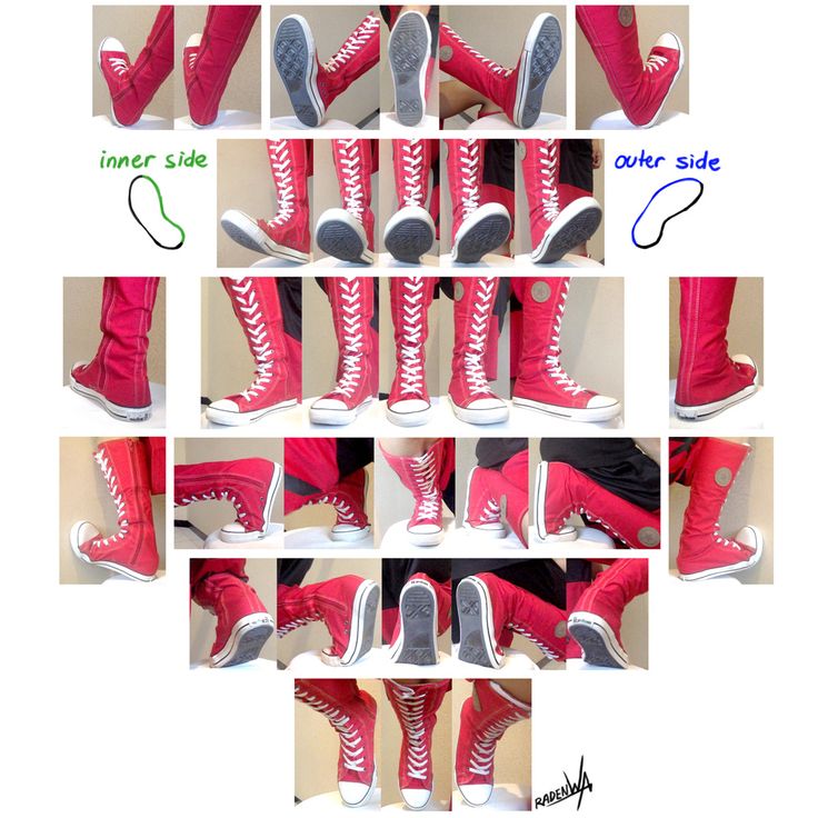 there are many different pictures of red shoes with white laces on the bottom and bottom