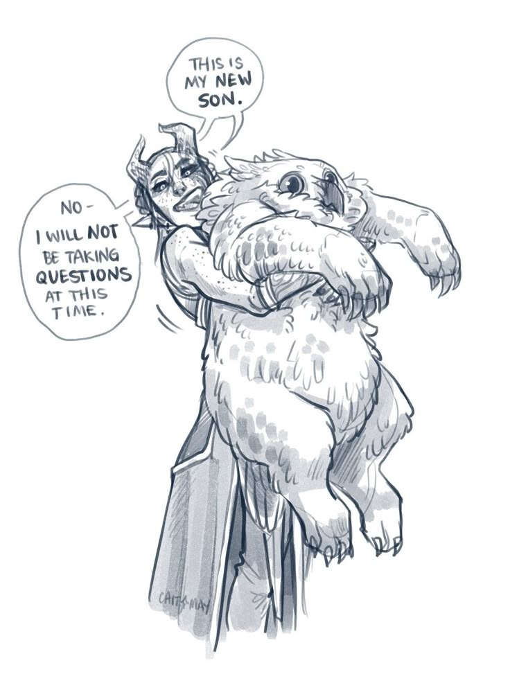 a drawing of a man hugging a dog with two speech bubbles above him that says, i will not question questions at this time