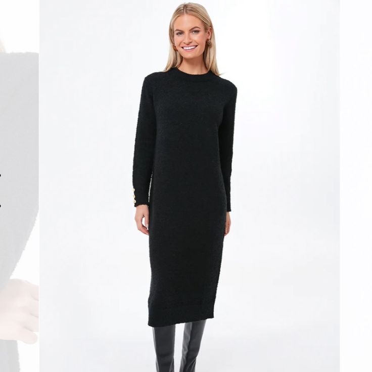 As Cozy As A Sweater As It Is A Chic Dress, The Black Speckled Knit Nelle Dress Will Take You From Clocking Hours At The Office To Holiday Cocktail Parties With A Quick Switch Of Accessories. Crafted From A Subtlety Sparkled Knit With Gold Buttons Detailed On The Cuffs, This Minimalistic Maxi Is Ready To Be Dressed Up Or Down. With A Relaxed Fit That Is As Comfortable As It Is Flattering, We Are Wearing This With Boots And Gold Accessories For A Timeless Chic Look. Crew Neckline Long Sleeves Rib Black Knit Midi Dress For Winter, Winter Black Knit Midi Dress, Black Long Sleeve Knit Midi Dress, Holiday Cocktail Party, Boucle Knit, Timeless Chic, Holiday Cocktail, Cocktail Parties, Holiday Cocktails