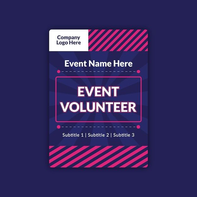 a purple and pink event volunteer badge on a dark blue background with horizontal lines in the center