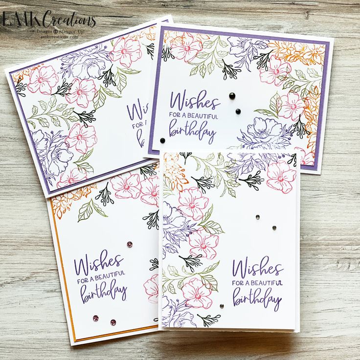 three cards with flowers on them and the words wishes for birthday written in purple ink