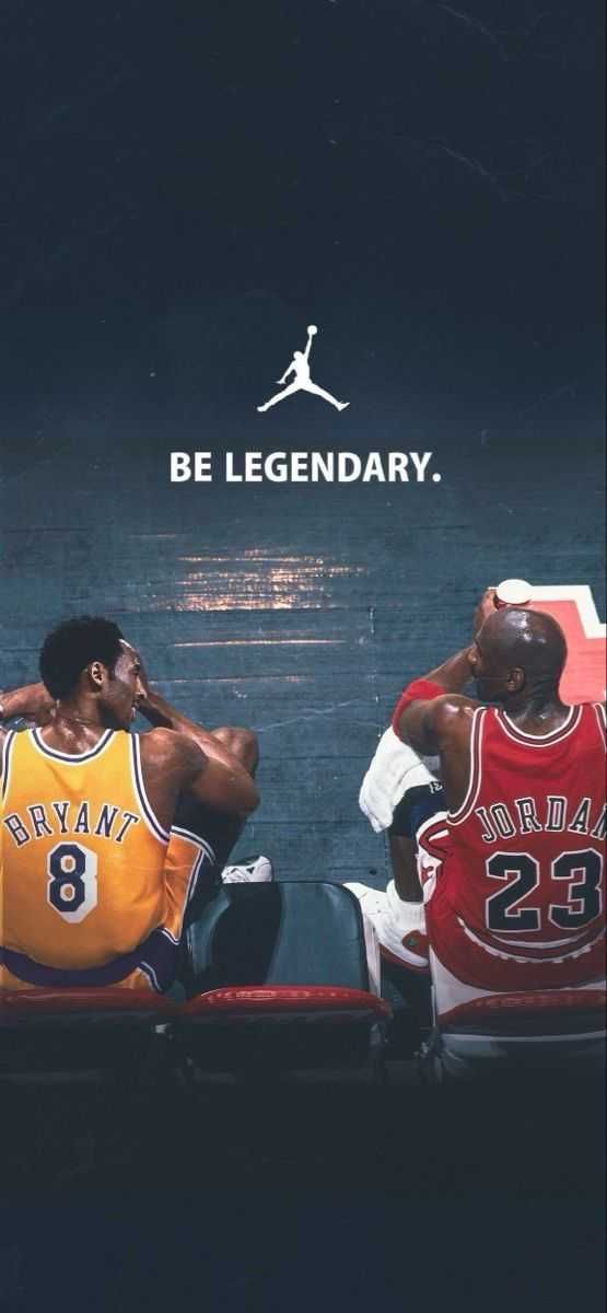 two basketball players sitting next to each other in front of a sign that says, be legendary