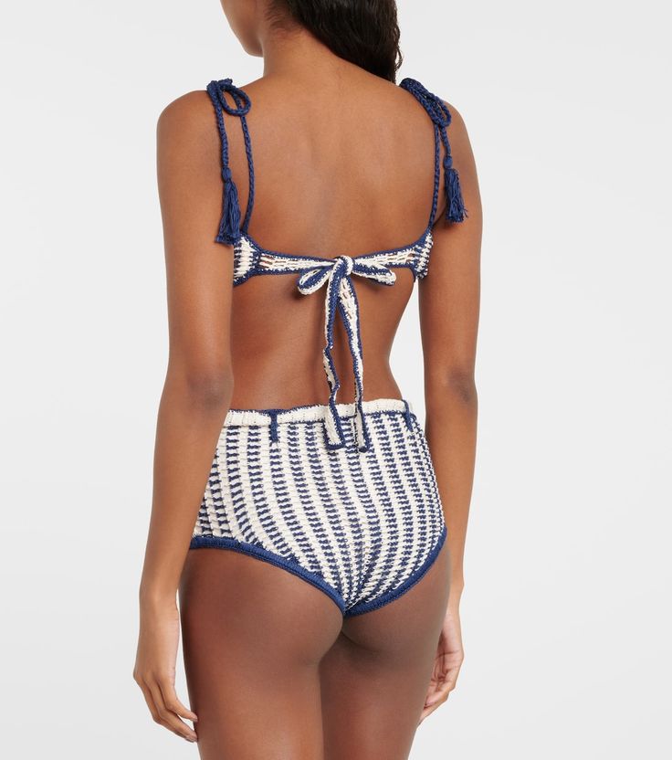 Blue Swimwear With Knotted Straps For Beach, Cotton Fitted Swimwear For Beach, Bandeau Tie Back Swimwear For Summer, Cotton Swimwear For The Beach, Cotton Triangle Top Swimwear For Festivals, Summer Bandeau Swimwear With Tie Back, Summer Bandeau Tie-back Swimwear, Cotton Tie-side Swimwear For Beach, Cotton Summer Swimwear For Sunbathing