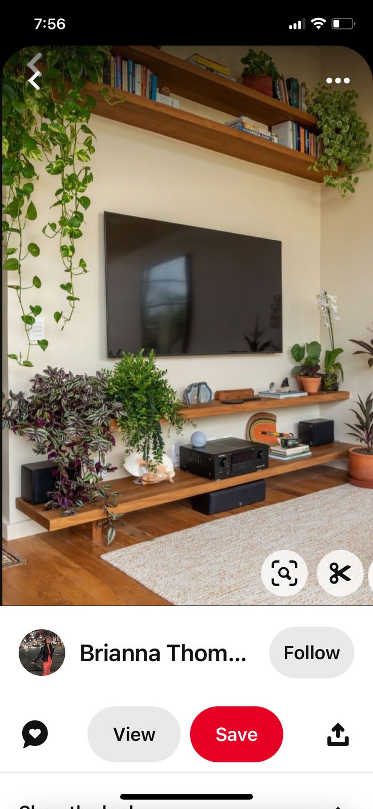 a flat screen tv sitting on top of a wooden shelf next to a plant filled wall