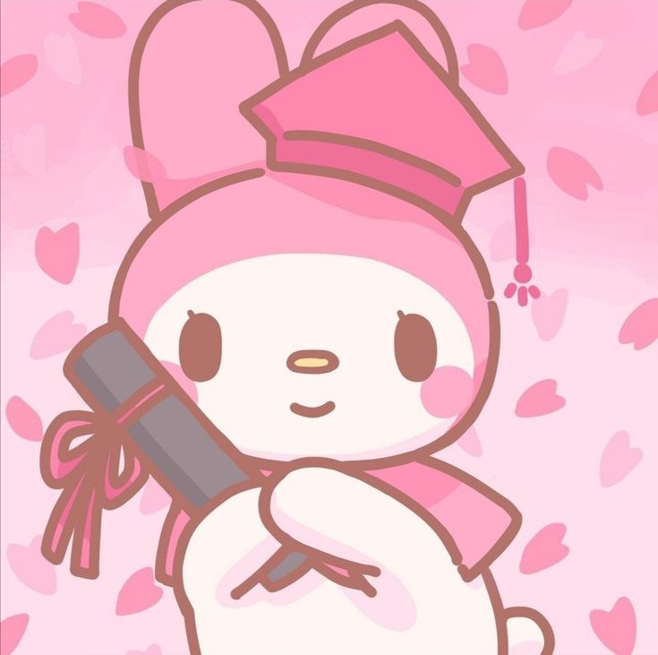 a cartoon bunny holding a chocolate bar in her hand and wearing a pink hat on top of it's head