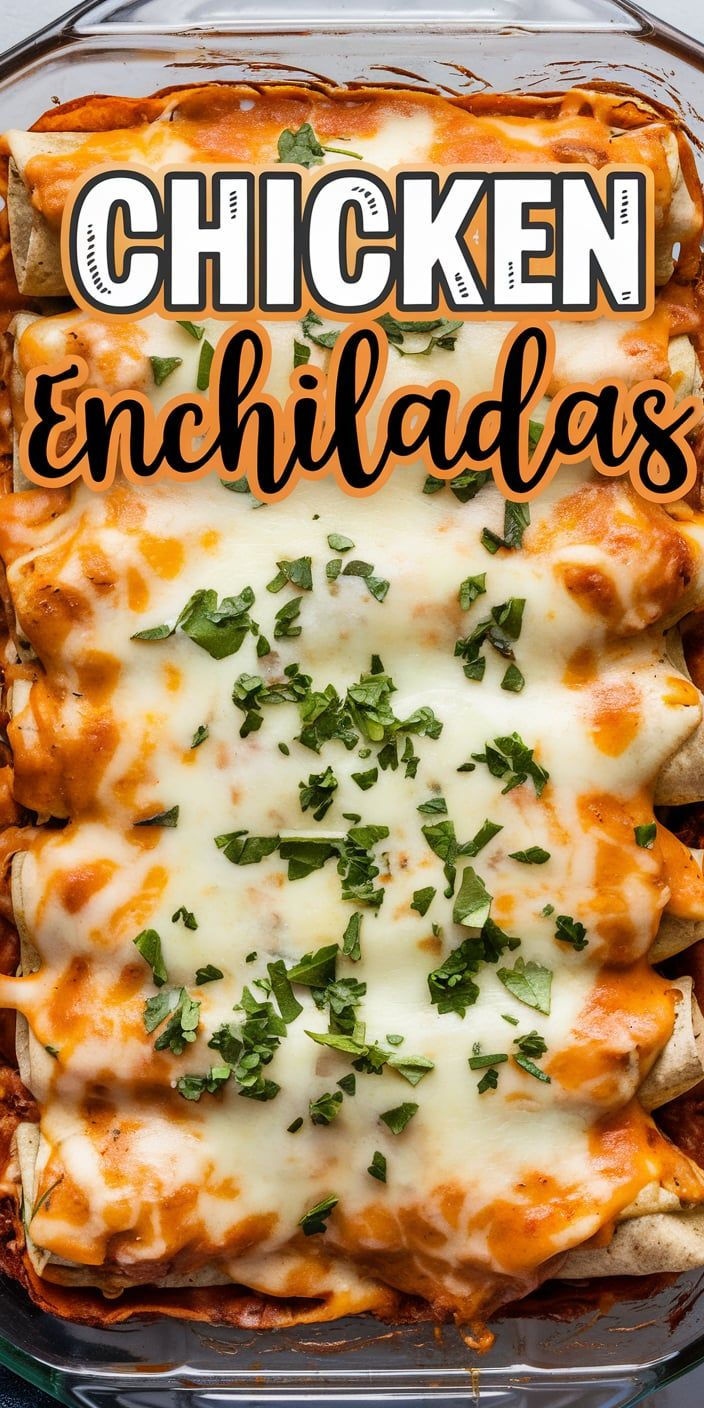 chicken enchiladas in a glass casserole dish with the words chicken enchiladas above it