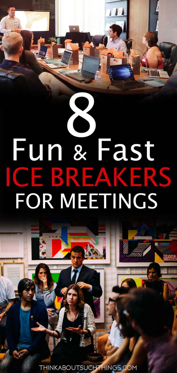 people sitting at tables with laptops in front of them and the text 8 fun & fast ice breakers for meetings