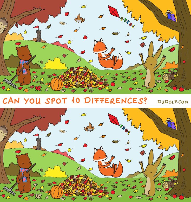 an image of two cartoon scenes with foxes and pumpkins in the fall, which one is saying can you spot 10 differences?