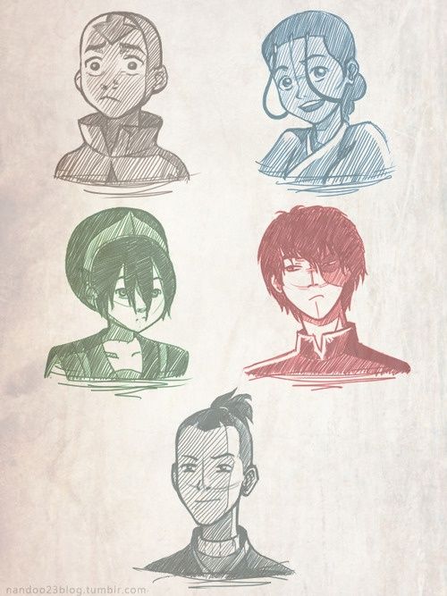 four different avatars drawn in pencil on paper