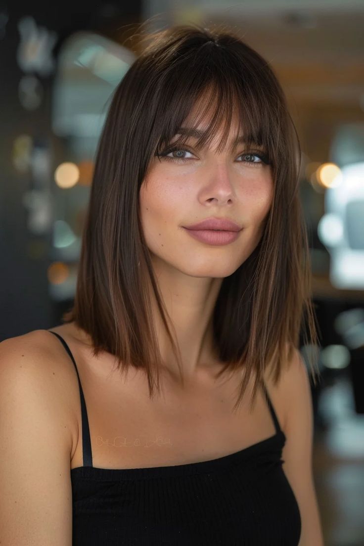 42 Long Bobs With Bangs Hairstyles to Unleash Your Inner French Girl Chic Fringe Long Bob Haircut, Dark Long Bob With Bangs, Long Bangs With Bob, Lib With Bangs, Japan Bangs Hairstyle, Long Bob With Bangs Straight Hair, Fringe And Bob, Bangs With Mid Length Hair, Bangs With Long Bob