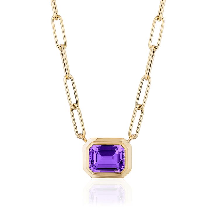 Oakgem is proud to be an authorized retailer of Goshwara jewelry. Manhattan' Amethyst Emerald Cut East West Pendant in 18K Yellow Gold Please allow a 3-4 week lead time for Goshwara product. In-stock merchandise will be prepared for shipment within 2-3 business days. Upon purchase, we will be in touch with the status of your order. DESIGNER: Goshwara MATERIAL: 18k Gold GEMSTONES: Amethyst- 1.88 ct MEASUREMENTS: Necklace measures 16 inches long MARKED/TESTED: Maker's Marks CONDITION: New Luxury Amethyst Birthstone Necklace, Luxury Amethyst Necklace With Jewels, Luxury Amethyst Jewel Necklaces, Luxury Amethyst Jewel Necklace, Luxury Yellow Gold Amethyst Necklace, Octagon Shaped Yellow Gold Amethyst Jewelry, Goshwara Jewelry, Gold Link Necklace, Amethyst Gold